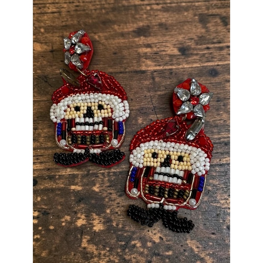 Beaded Nutcracker Pierced Dangle Earrings Rhinestone Christmas Statement